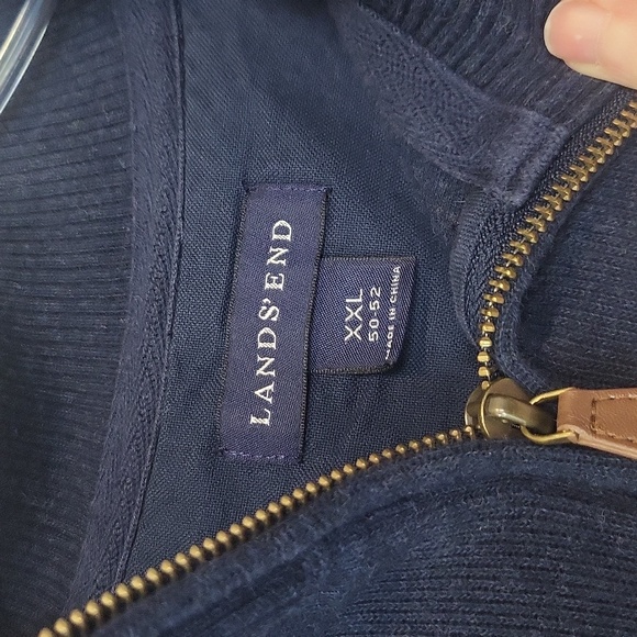 LAND'S END Blue Baumwolle 3/4 Zip Ribbed Cuff/Hem Elbow Pad Pullover Sweater - Picture 3 of 10